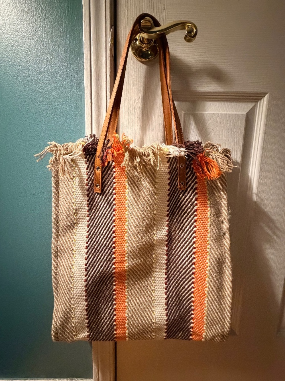 Woven Tote with Leather Straps